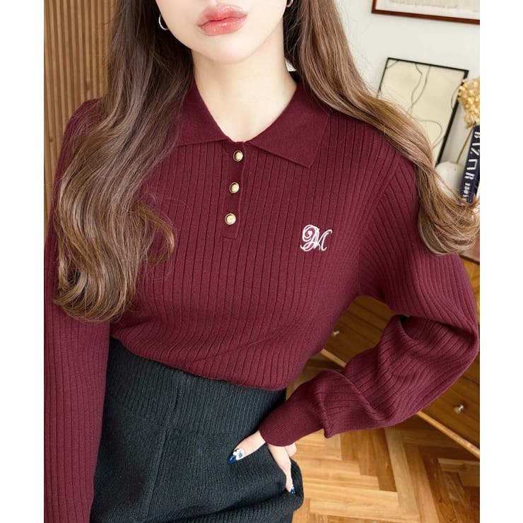ボルドー | 刺繍入り衿付きポロニット | moment+