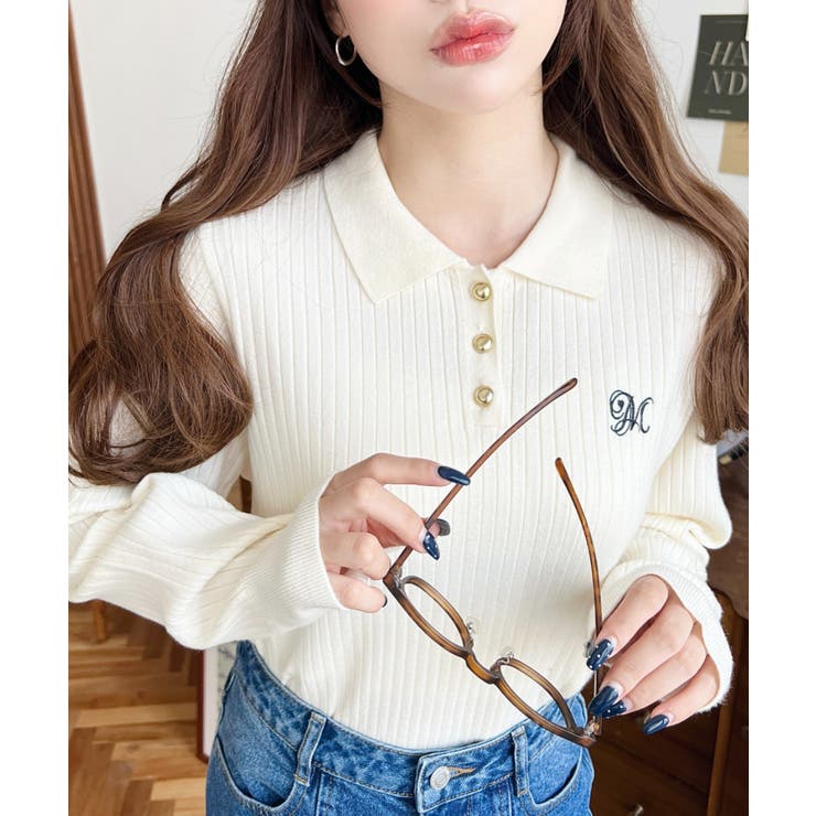 アイボリー | 刺繍入り衿付きポロニット | moment+