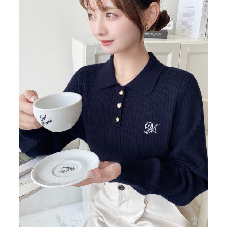 ネイビー | 刺繍入り衿付きポロニット | moment+