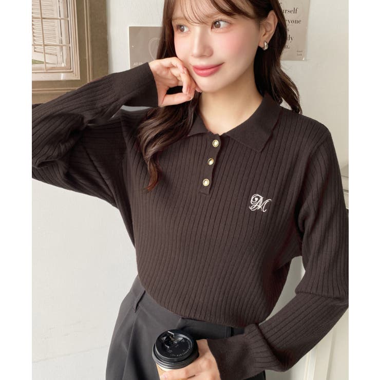 ブラウン | 刺繍入り衿付きポロニット | moment+