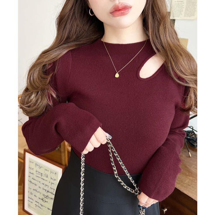 ボルドー | アシメカットアウトリブニットプルオーバー | moment+