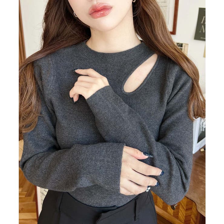 チャコールグレー | アシメカットアウトリブニットプルオーバー | moment+