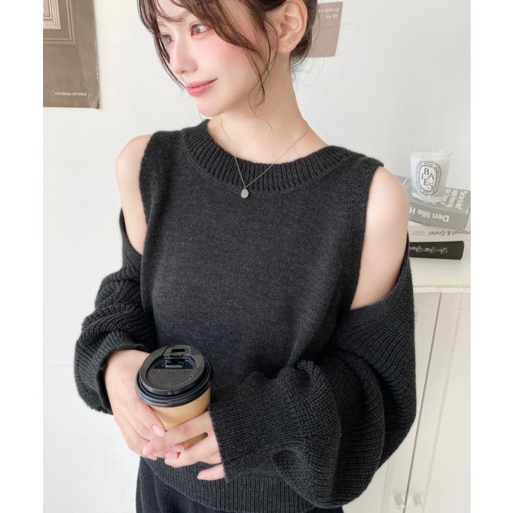 チャコールグレー | ショルダースリットニットプルオーバー | moment+