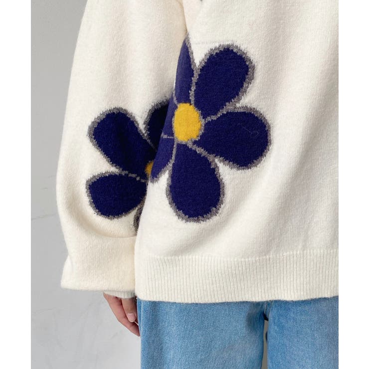 美品 Plantation カスリフラワー ジャガード プルオーバー ネイビー moment+｜6G ミックスカラーフラワージャガードニットプル