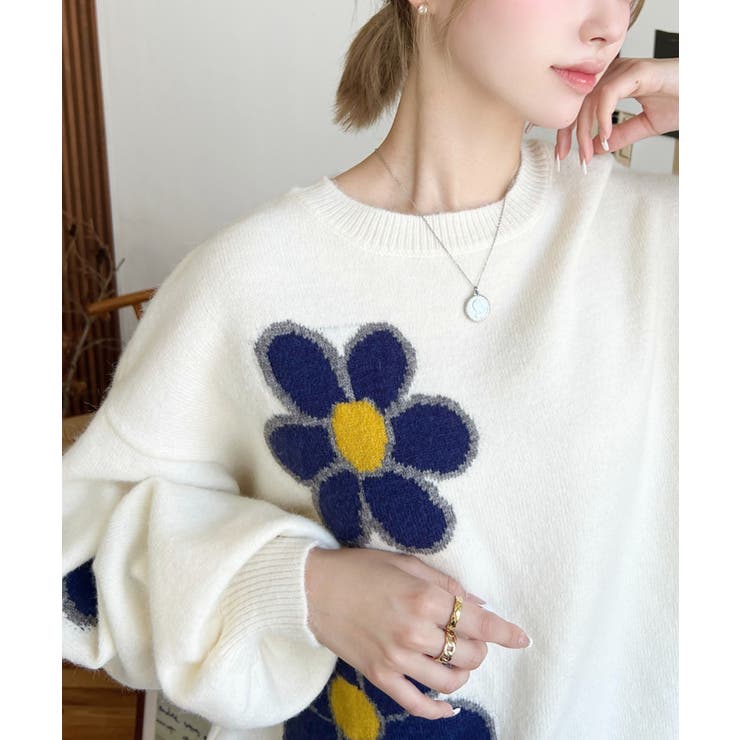 フラワージャガードニットプルオーバー[品番：ERMW0003956]｜moment+