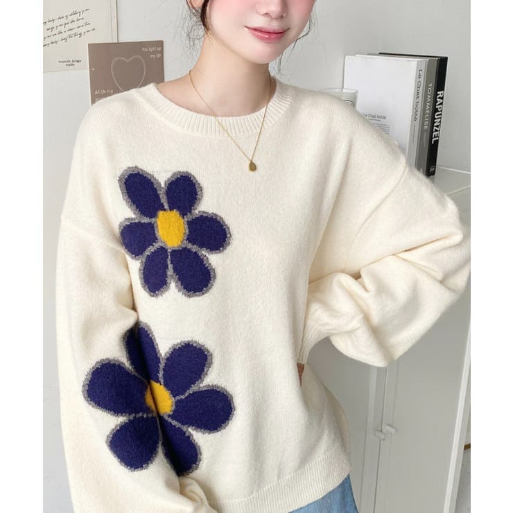 フラワージャガードニットプルオーバー[品番：ERMW0003956]｜moment+