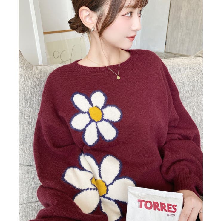 フラワージャガードニットプルオーバー[品番：ERMW0003956]｜moment+