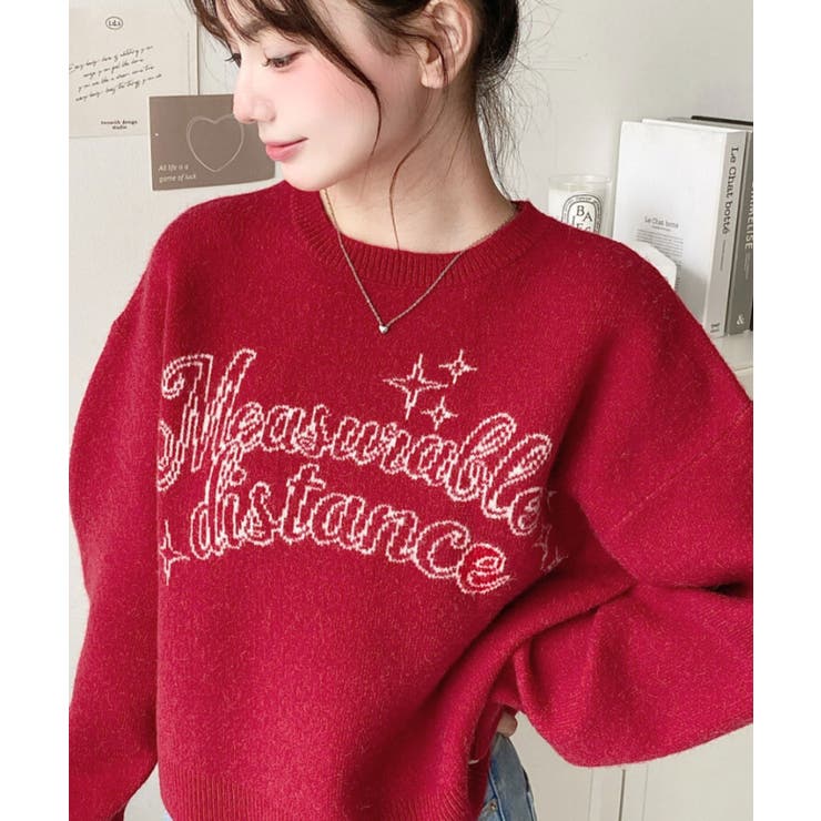 レッド | ラインロゴジャガードニットプルオーバー | moment+