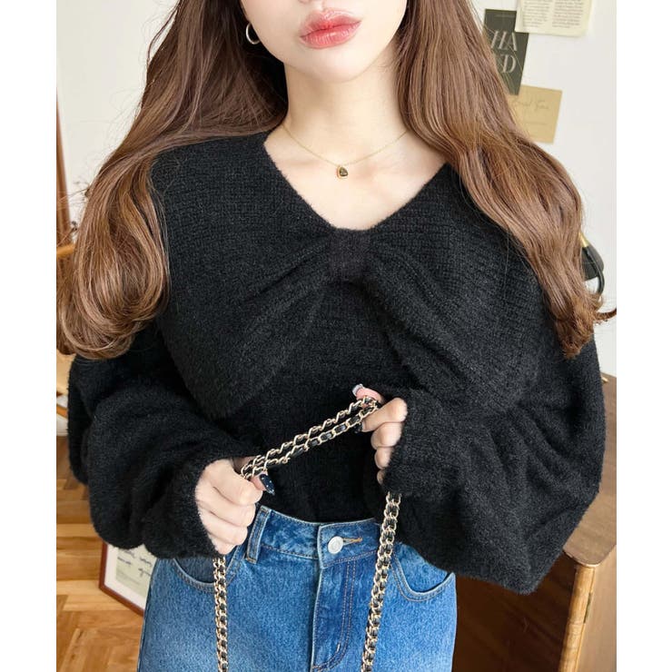 ブラック | ケープリボンシャギーニットプルオーバー | moment+