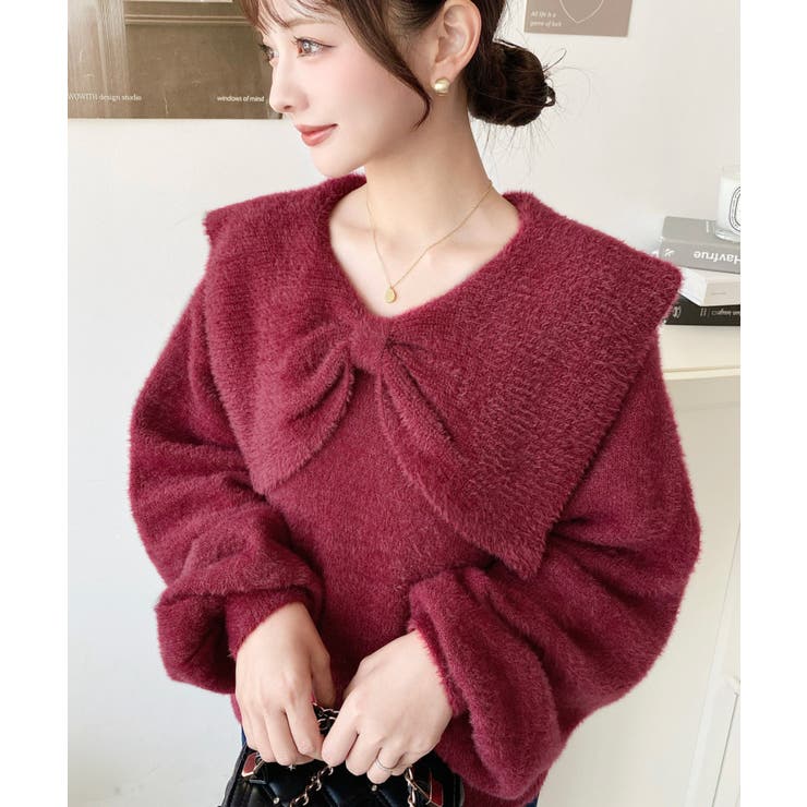 ボルドー | ケープリボンシャギーニットプルオーバー | moment+