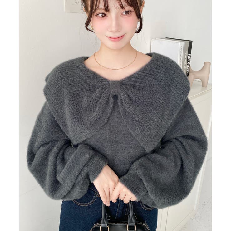 チャコールグレー | ケープリボンシャギーニットプルオーバー | moment+