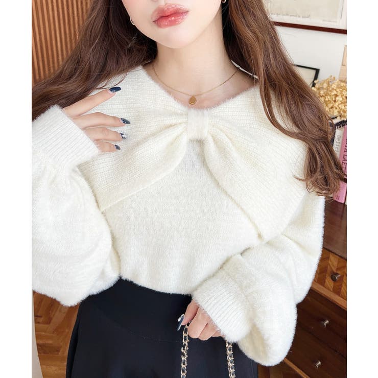 アイボリー | ケープリボンシャギーニットプルオーバー | moment+