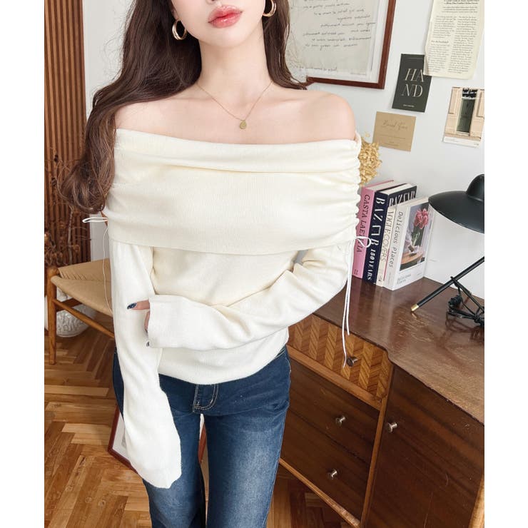 ドロストリボンオフショルニットプルオーバー | moment+ | 詳細画像2 