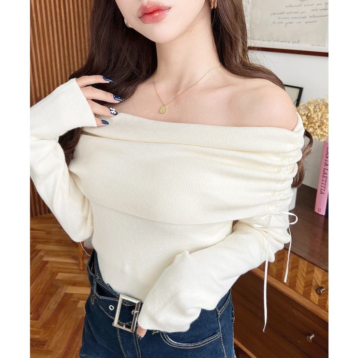 ドロストリボンオフショルニットプルオーバー | moment+ | 詳細画像3 