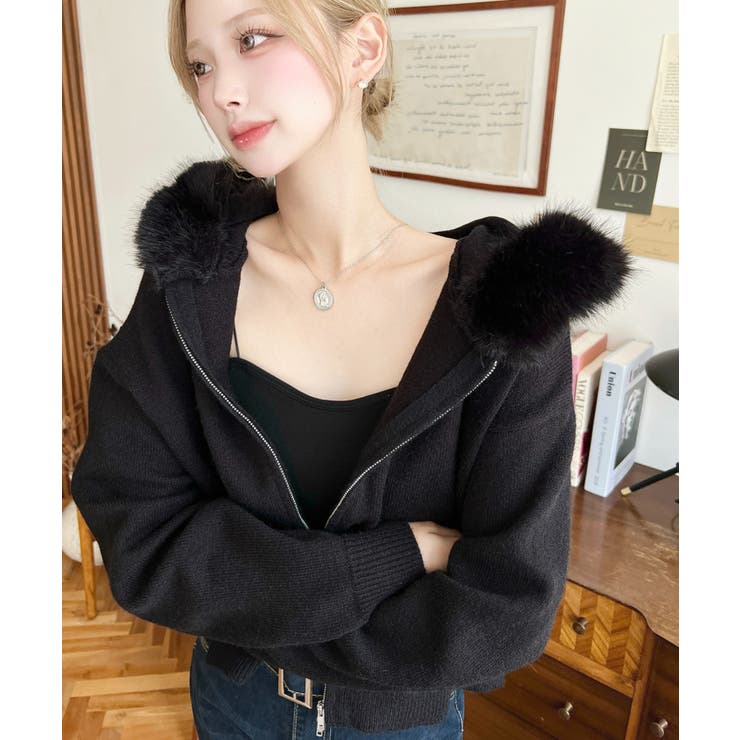 ボリュームファーフードジップアップニットパーカー | moment+ | 詳細画像18 