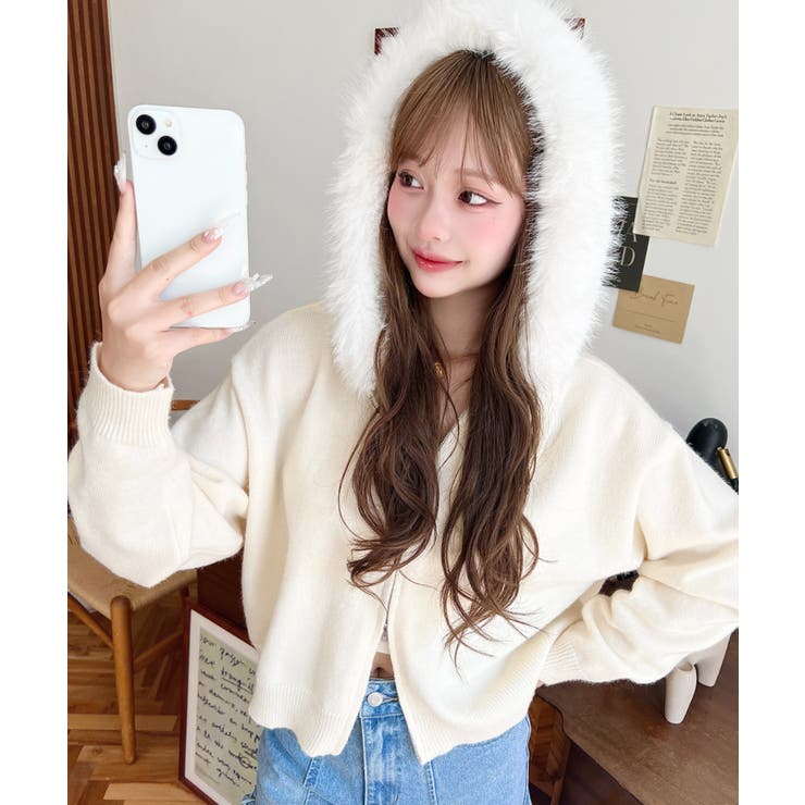 ボリュームファーフードジップアップニットパーカー | moment+ | 詳細画像2 