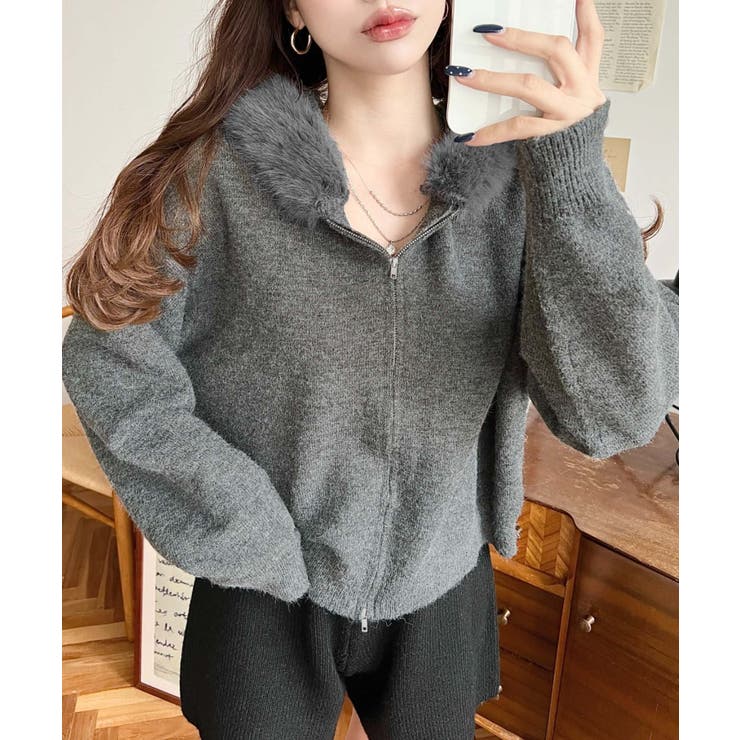 ボリュームファーフードジップアップニットパーカー | moment+ | 詳細画像28 