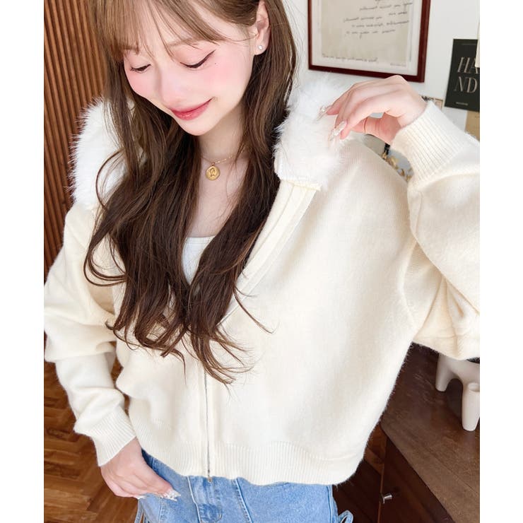 ボリュームファーフードジップアップニットパーカー | moment+ | 詳細画像6 