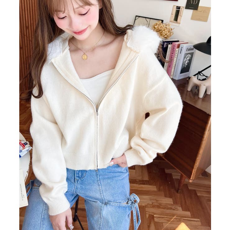 ボリュームファーフードジップアップニットパーカー | moment+ | 詳細画像7 