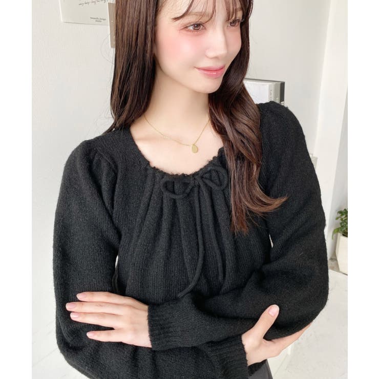 ブラック | ギャザーリボンミックスプルオーバー | moment+