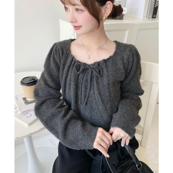 チャコールグレー | ギャザーリボンミックスプルオーバー | moment+