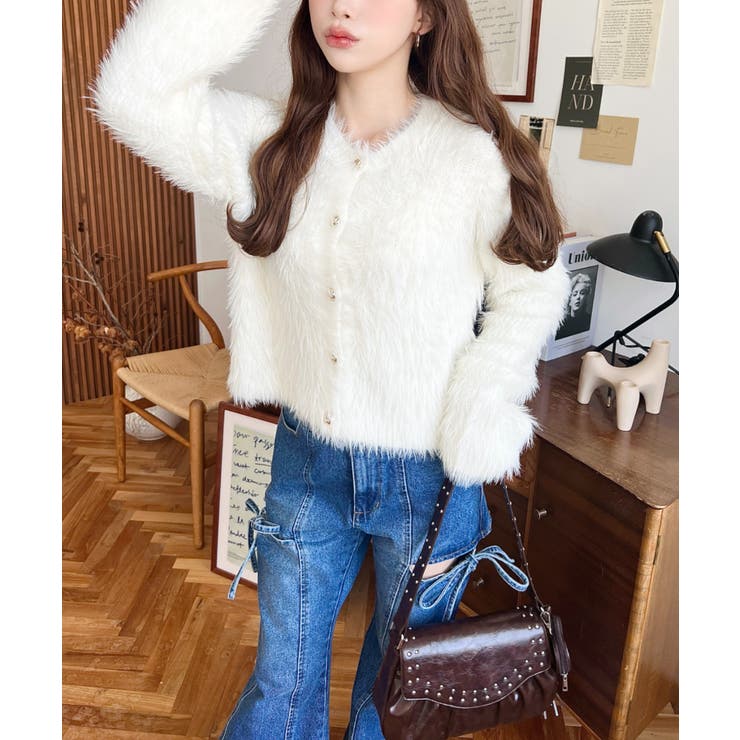 金ボタンロングフェザーショート丈ニットカーディガン | moment+ | 詳細画像4 