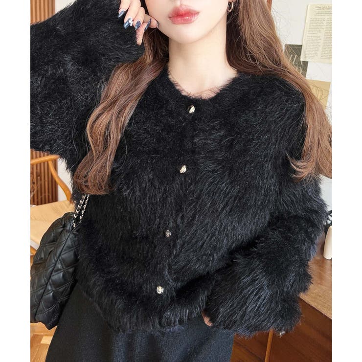 金ボタンロングフェザーショート丈ニットカーディガン[品番