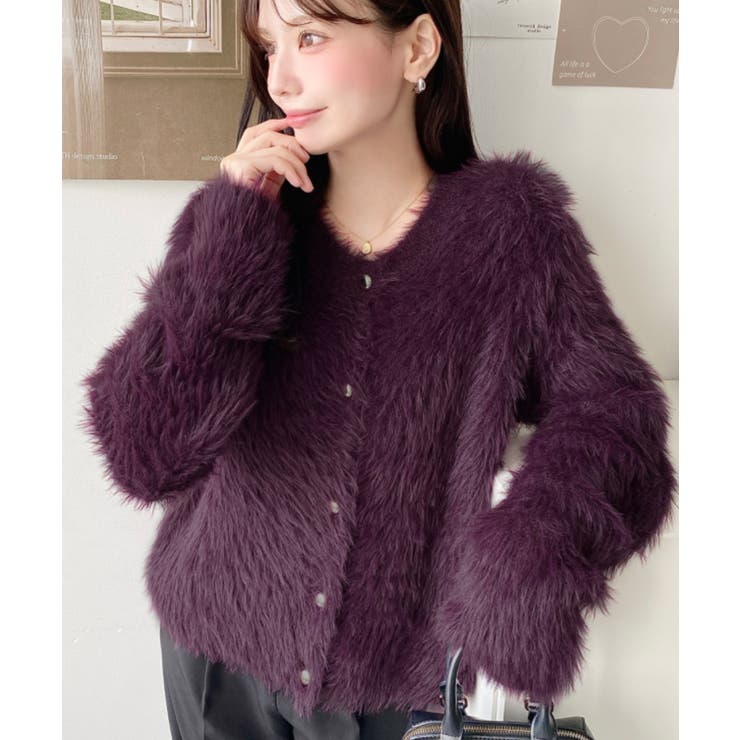 パープル | 金ボタンロングフェザーショート丈ニットカーディガン | moment+