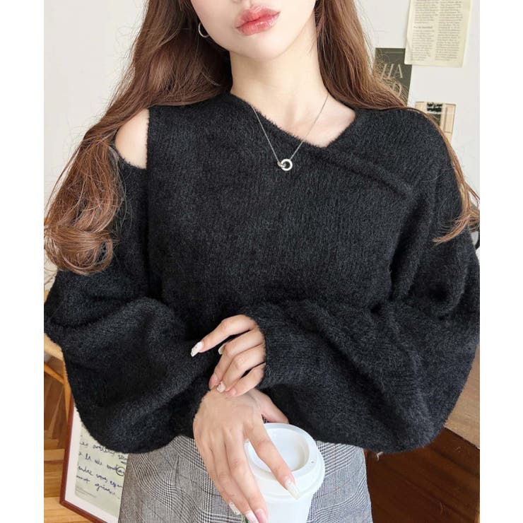 アシンメトリーネックショルダースリットフェザーニットプルオーバー | moment+ | 詳細画像12 