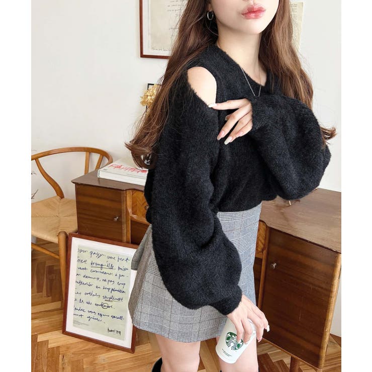 アシンメトリーネックショルダースリットフェザーニットプルオーバー | moment+ | 詳細画像15 