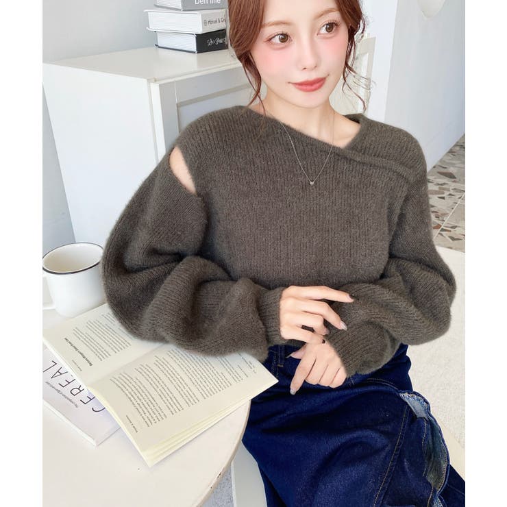 アシンメトリーネックショルダースリットフェザーニットプルオーバー | moment+ | 詳細画像16 