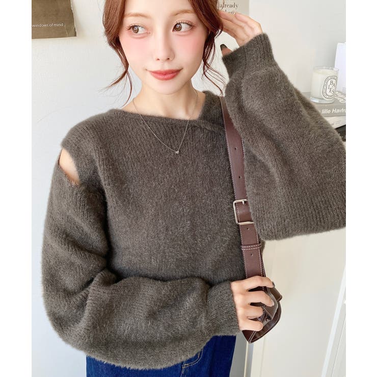 アシンメトリーネックショルダースリットフェザーニットプルオーバー | moment+ | 詳細画像18 