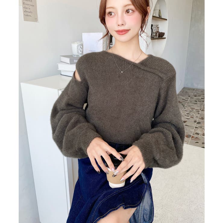 アシンメトリーネックショルダースリットフェザーニットプルオーバー | moment+ | 詳細画像19 