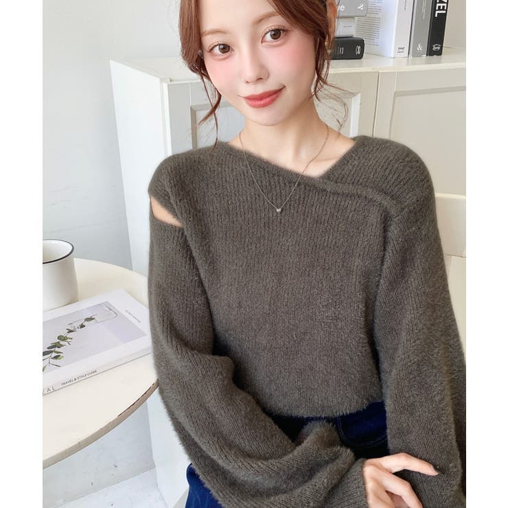 アシンメトリーネックショルダースリットフェザーニットプルオーバー | moment+ | 詳細画像20 