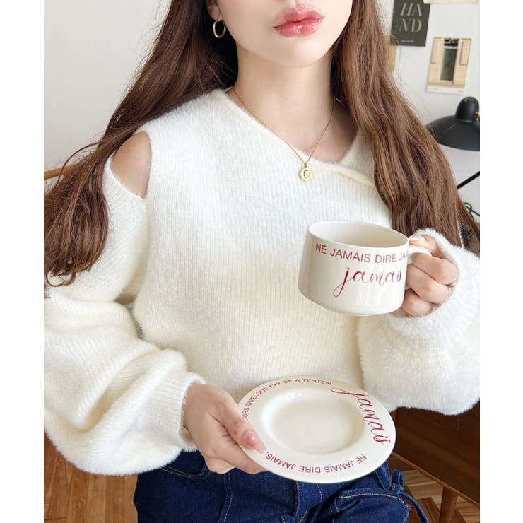 アシンメトリーネックショルダースリットフェザーニットプルオーバー | moment+ | 詳細画像3 