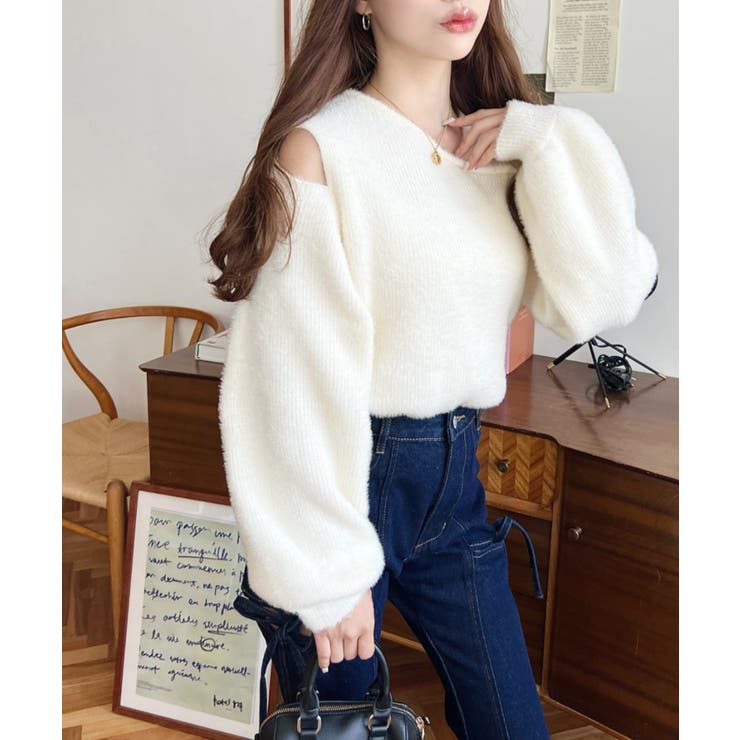 アシンメトリーネックショルダースリットフェザーニットプルオーバー | moment+ | 詳細画像4 