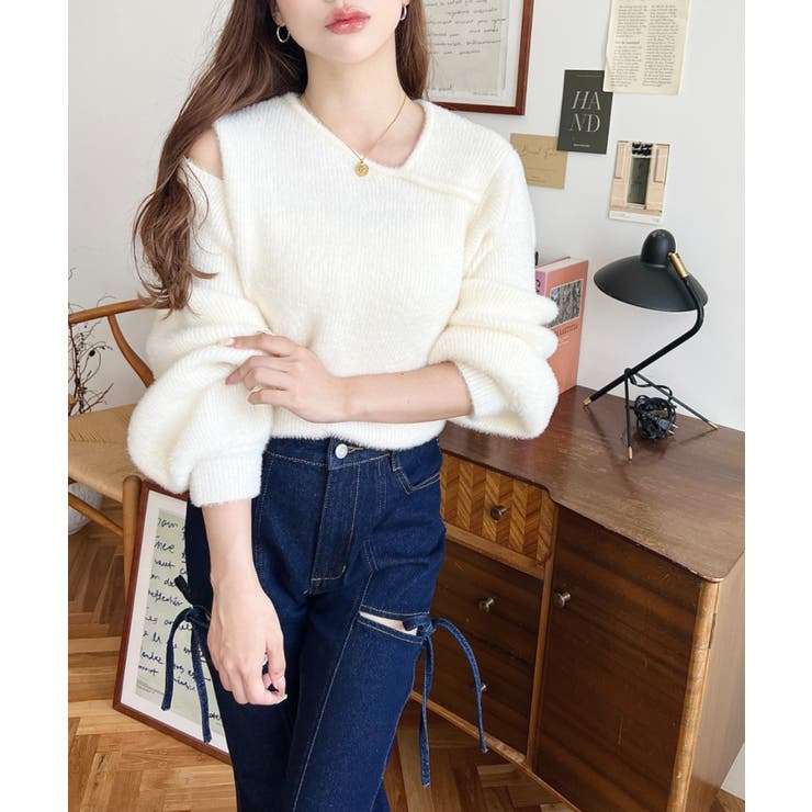 アシンメトリーネックショルダースリットフェザーニットプルオーバー | moment+ | 詳細画像5 