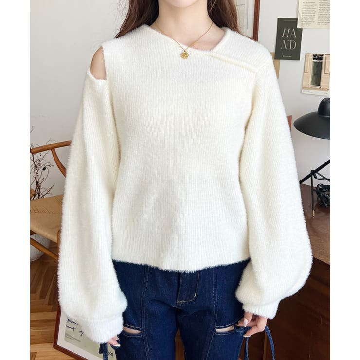 アシンメトリーネックショルダースリットフェザーニットプルオーバー | moment+ | 詳細画像6 