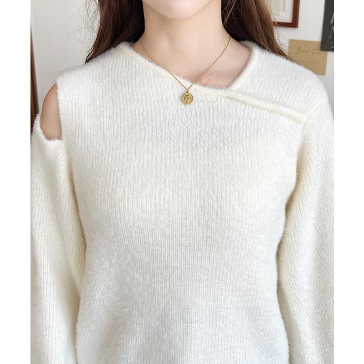 アシンメトリーネックショルダースリットフェザーニットプルオーバー | moment+ | 詳細画像7 