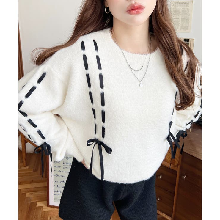 編み込みリボンフェザーニットプルオーバー | moment+ | 詳細画像3 