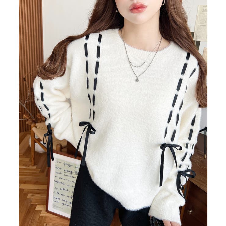 編み込みリボンフェザーニットプルオーバー | moment+ | 詳細画像5 