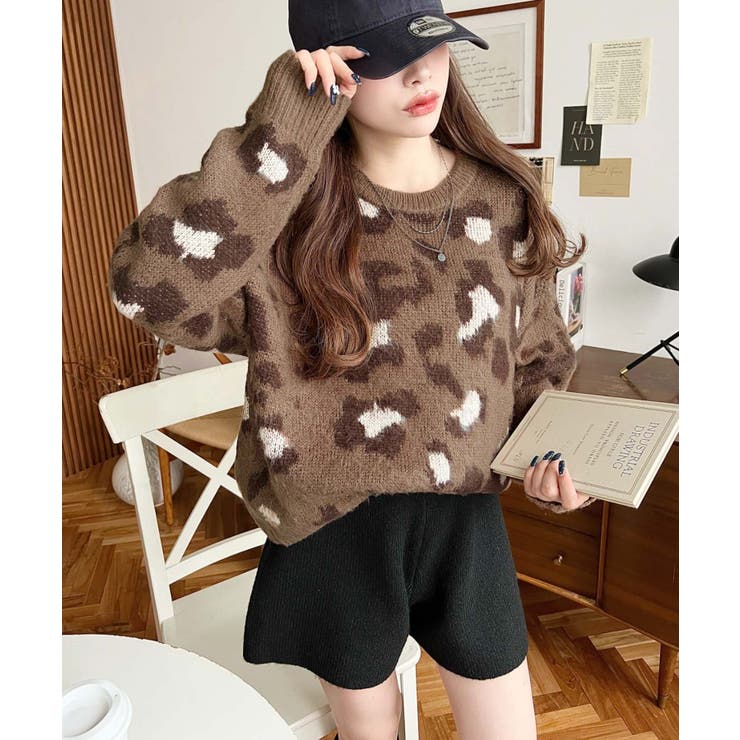 ニュアンスレオパード柄ジャガードニットプルオーバー[品番