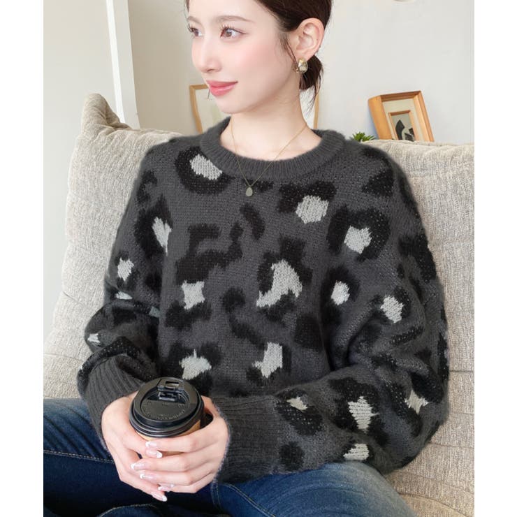 ニュアンスレオパード柄ジャガードニットプルオーバー[品番
