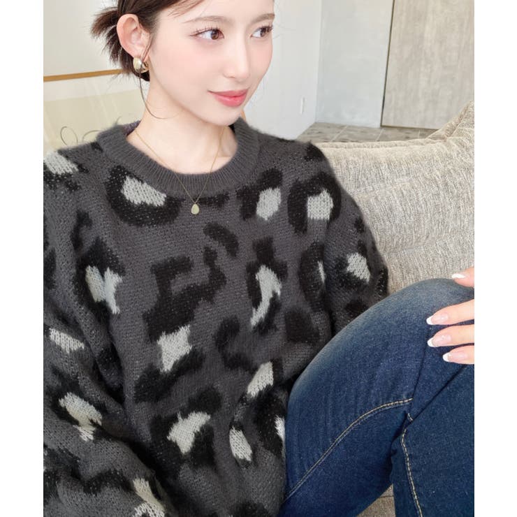 ニュアンスレオパード柄ジャガードニットプルオーバー[品番