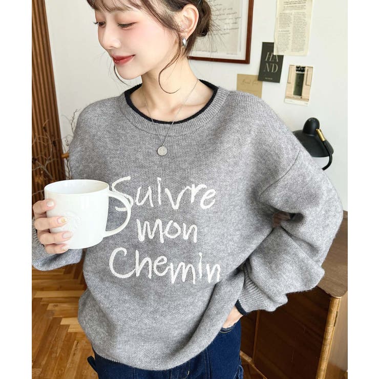 杢グレー | ロープ刺繍ロゴニットプルオーバー | moment+