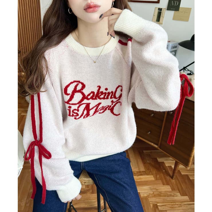 Ｗジャガードラインリボンロゴニットプルオーバー | moment+ | 詳細画像3 