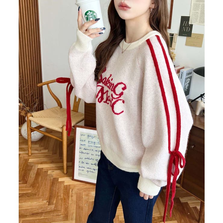 Ｗジャガードラインリボンロゴニットプルオーバー | moment+ | 詳細画像4 