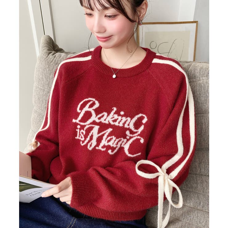 レッド | Ｗジャガードラインリボンロゴニットプルオーバー | moment+