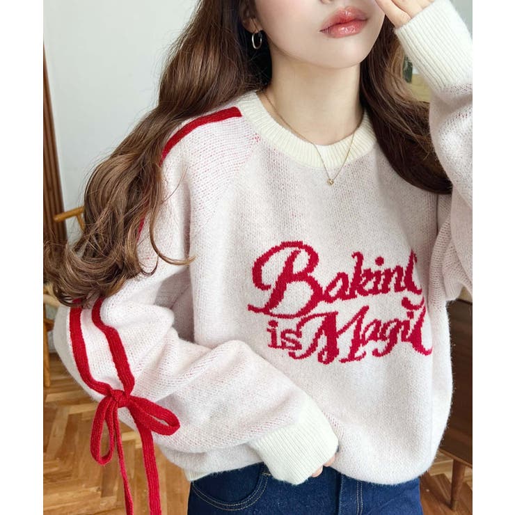 アイボリー | Ｗジャガードラインリボンロゴニットプルオーバー | moment+