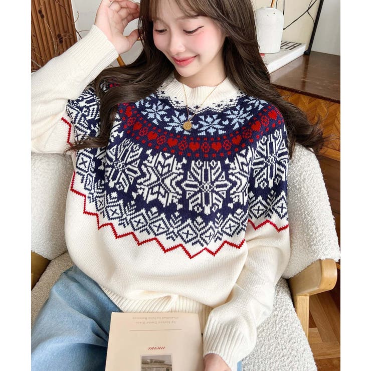 スノーノルディック柄求心Wジャガードニットプルオーバー（ノルディックセーター） | moment+ | 詳細画像2 